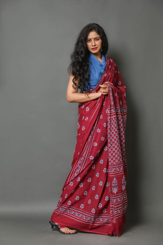 Maroon & Blue Coloured Beautiful Hand Block printed Women Daily/Party wear Pure Mul Cotton Saree with Blouse!!