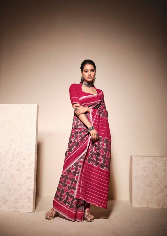 Maroon & Multi Coloured Soft Chanderi Cotton with Bagru Print Women Party wear Saree with Beautiful matching Blouse!!