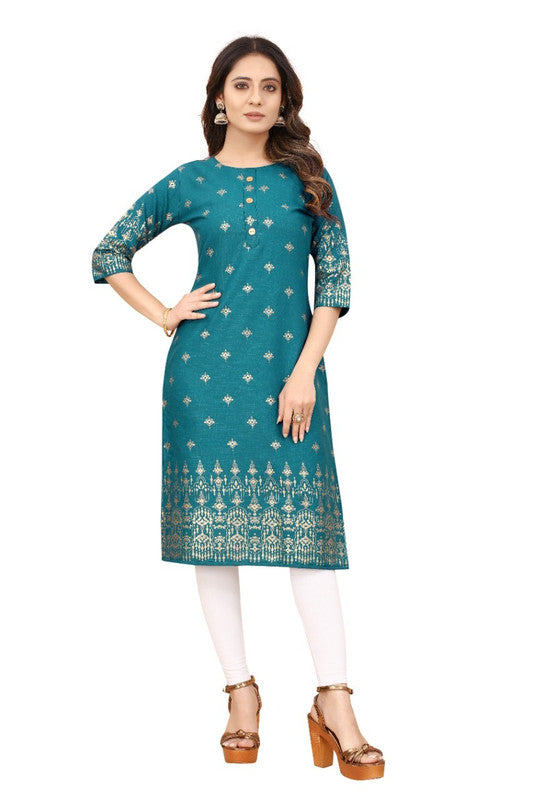 Dark Rama Blue Coloured Cotton Gold Foil Printed 3/4 Sleeves Stright Fit Kurti!!