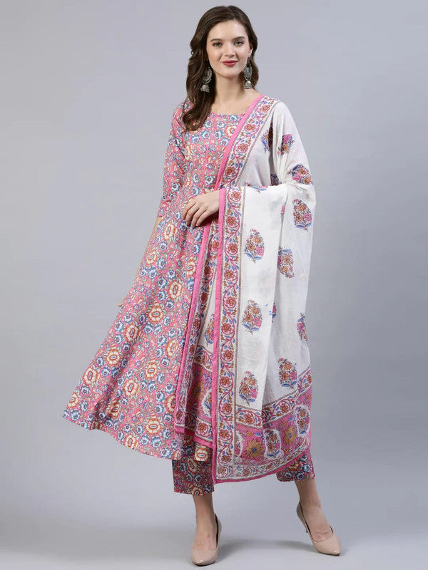 Pink & Multi Coloured Premium Rayon Cotton Digital Printed Women Designer Party wear Anarkali Kurti with Pant & Dupatta!!