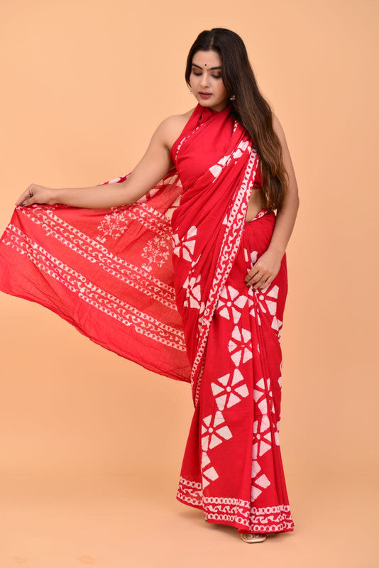 Red & Off White Coloured Pure Cotton with Beautiful Hand Block Printed Women Party/Daily wear Designer Cotton Saree with Blouse!!