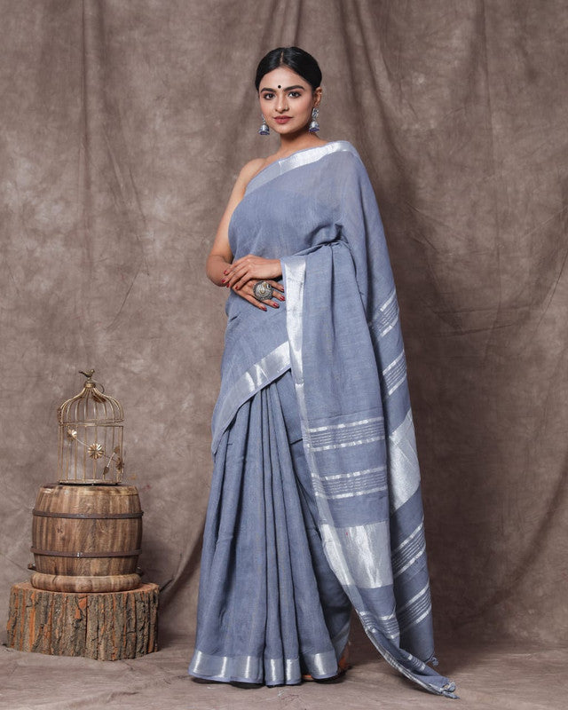 Grey Coloured Linen Cotton with Beautiful Jari Border Women Party/Daily wear Designer Linen Cotton Saree with Blouse!!