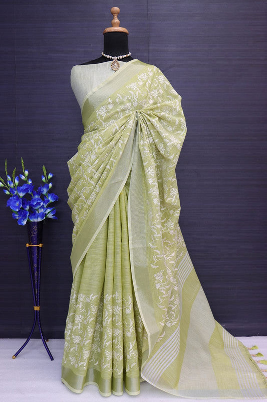 Pista Green Coloured Luknawi Chiken Work Handloom Linen Cotton with Fancy Tassels Women Designer Party wear Saree with Blouse!!