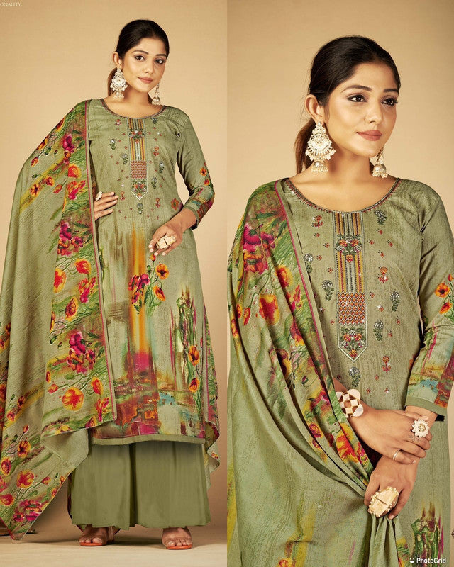 Green Coloured Premium Soft Cotton Printed Embroidery Work & Swarovski work Top with Plazzo & Dupatta Set!!