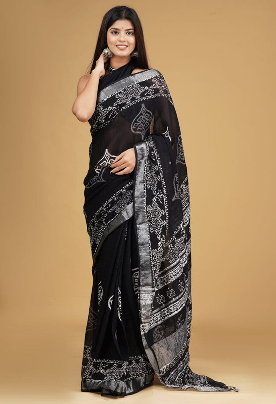 Black Coloured Linen Hand Block Print Saree with Linen Blouse!!