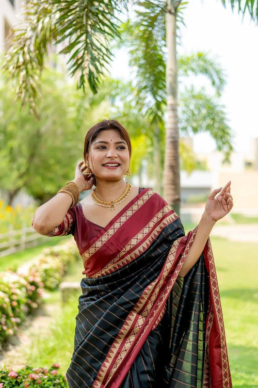 Black & Maroon Coloured Exclusive Soft Raw Silk with Contrast Temple woven Border Women Party wear Soft Raw Silk Saree with Blouse!!