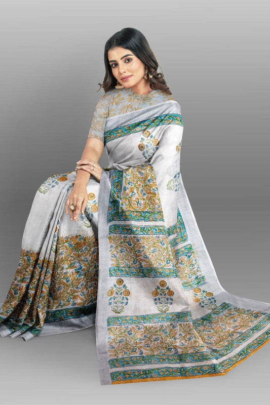 Grey & Multi Coloured Linen Cotton Beautiful Hand Block printed Women Daily/Party wear Saree with Blouse!!