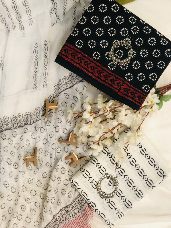 Beige & Black Coloured Unstitched Pure Cotton Exclusive Block Printed Women Party/Daily wear Dress Material Suit- Top with Bottom & Chiffon Dupatta!!