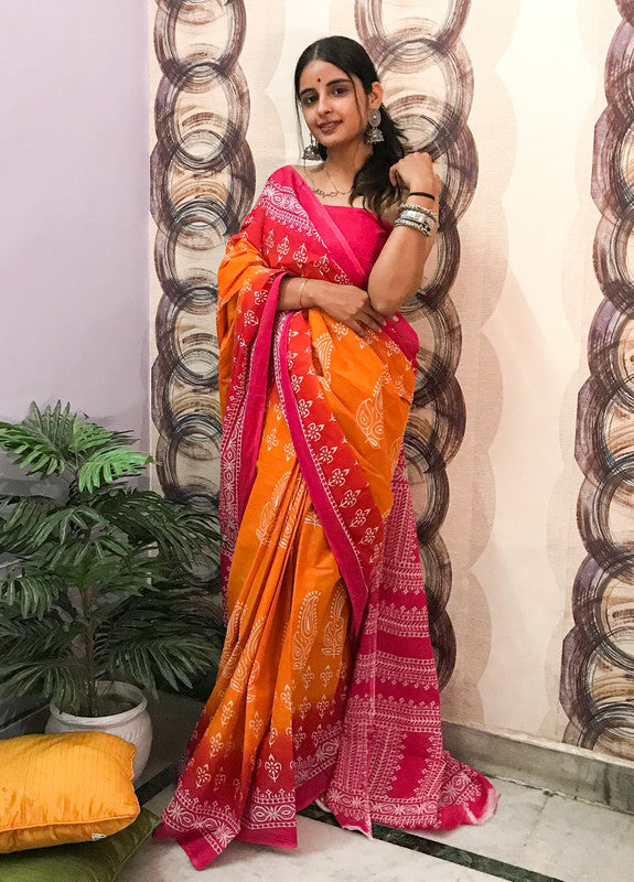 Orange & Multi Coloured Premium Mul Mul Cotton Beautiful Hand Block printed Women Daily/Party wear Saree with Blouse!!