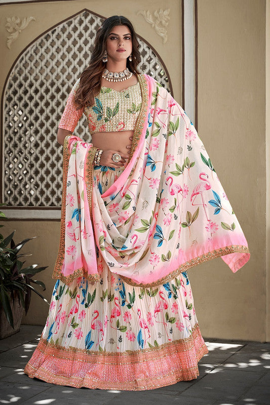 Light Pink & Multi Coloured Crushed Chinon Digital Printed with Sequence Work Woman Designer Party wear Lehenga Choli with Dupatta!!