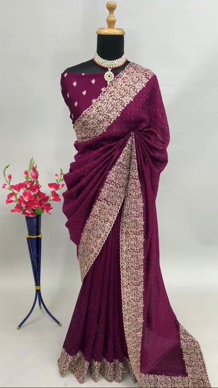 Wine Coloured Premium Vichitra Silk Embroidered Cutwork Border Women Designer Party wear Fancy Saree with Blouse!!