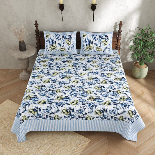 Blue Coloured Cotton Hand Print Queen size Double Bed sheet with Pillow covers!!