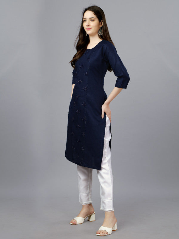 Blue Coloured Pure Cotton with Embroidery work Round Neck 3/4 Sleeves Women Designer Party/Daily wear Kurti!!