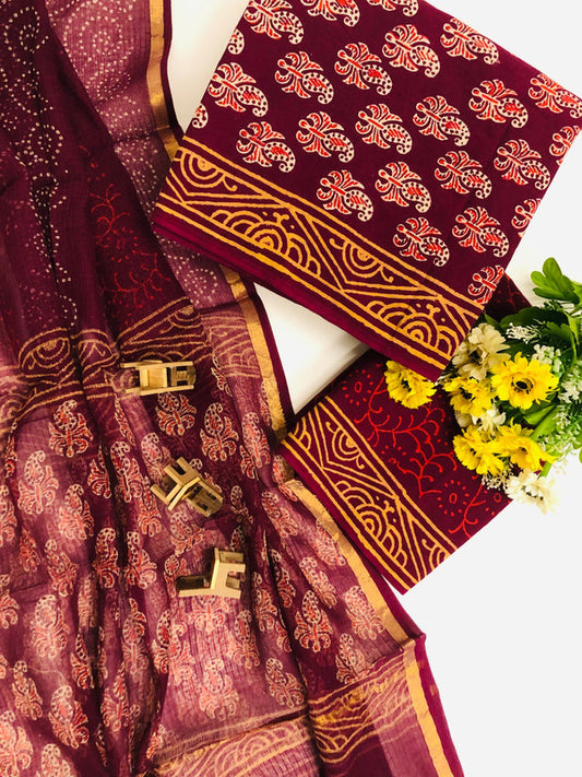 Maroon & Multi Coloured Exclusive Unstitched Pure Cotton Printed Women Party/Daily wear Dress Material Suit- Top with Bottom & Kota Doria Jari Border Dupatta!!