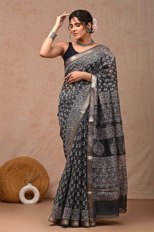 Grey & White Coloured Hand Block Printed Women Designer Party wear Maheshwari Cotton Silk Saree with Runnin Blouse!!