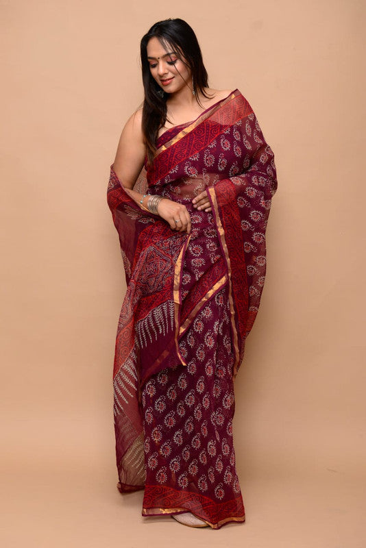 Maroon & Multi Coloured Kota Doria Cotton Hand block Print with Jari Border Women Designer Party wear Kota Doria Cotton Saree with Blouse!!