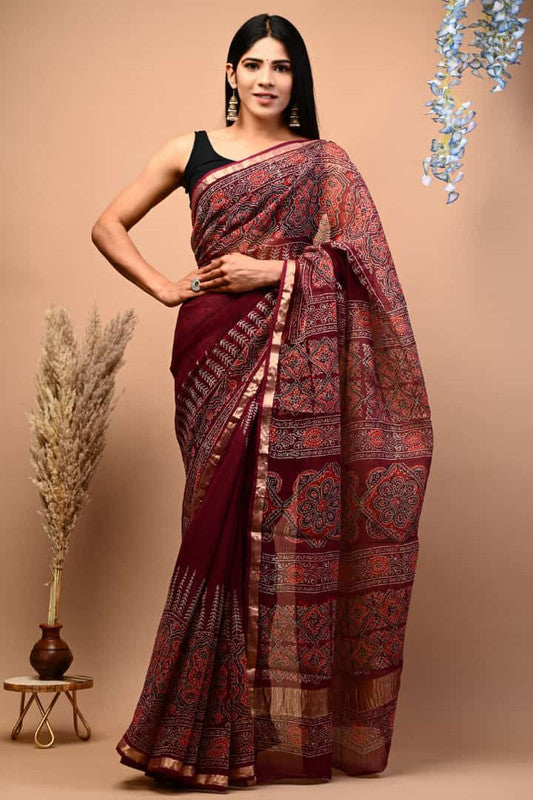 Maroon & Multi Coloured Kota Doriya Cotton Beautiful Hand Block printed Women Daily/Party wear Saree with Blouse!!