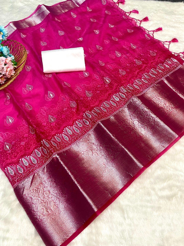 Dark Pink Coloured Pure Organza Kora Silk Jaqucard Fnacy Hand dying Women Party wear Saree with Blouse!!