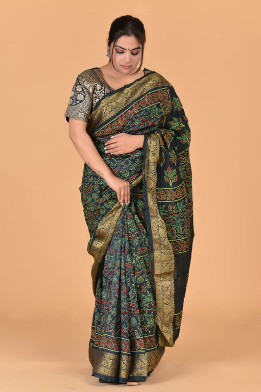 Dark Green & Multi Coloured Hand Block Printed Silk border Chit Pallu Women Designer Party wear Cotton Silk Saree with Zari Blouse!!