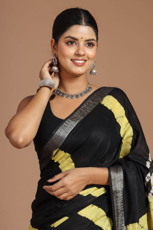 Black & Multi Coloured Linen Cotton Beautiful Hand Block printed Women Daily/Party wear Saree with Blouse!!