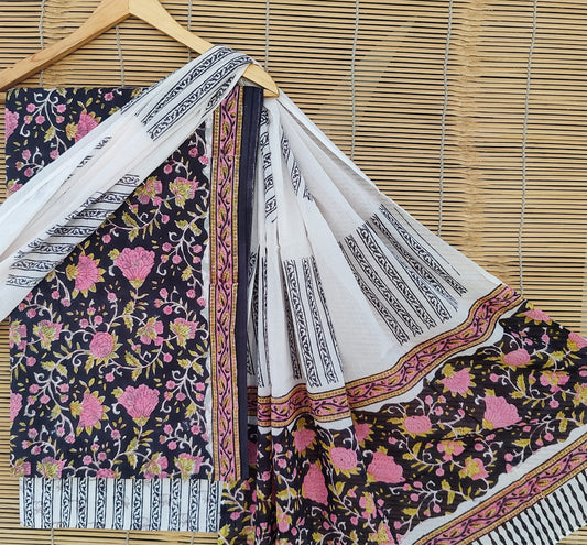 Navy Blue with Pink & White Coloured Pure Cotton Printed Women Party/Daily wear Dress Material Suit- Top with Bottom & Cotton Dupatta!!