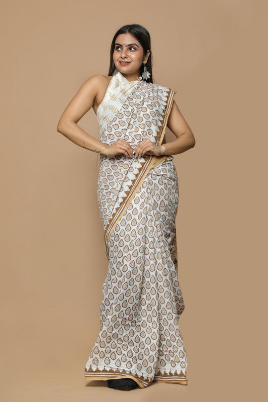 HAND BLOCK  PRINTED COTTON SAREE WITH BLOUSE!!