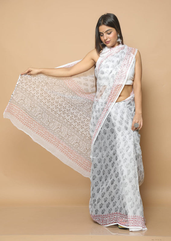 White & Black Coloured Kota Doria Hand Block Printed Cotton Saree with Blouse!!