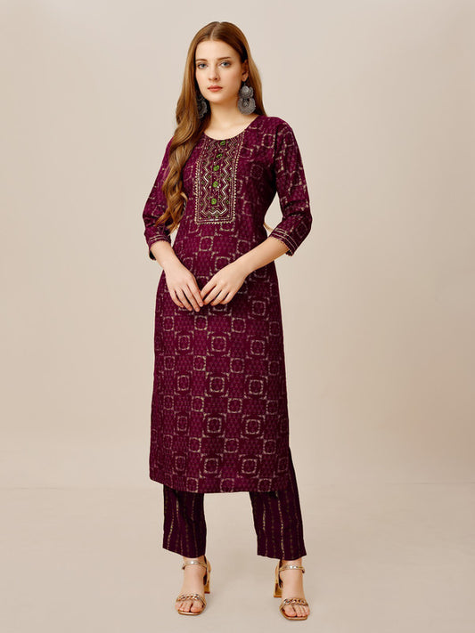 Purple & Multi Coloured Heavy Rayon with Embroidery work Women Designer Daily wear Kurti with Pant!!