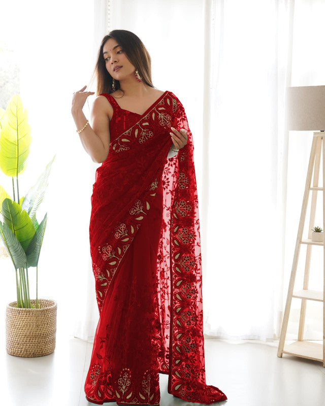 Party Wear, Reception Red and Maroon color Net fabric Saree : 1862577