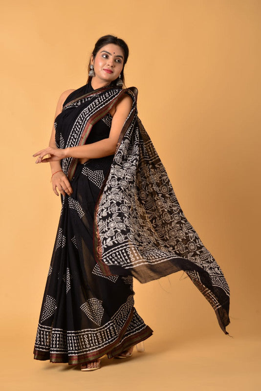 Black & Multi Coloured Pure Cotton with Beautiful Hand Block Printed Women Party/Daily wear Designer Cotton Saree with Blouse!!