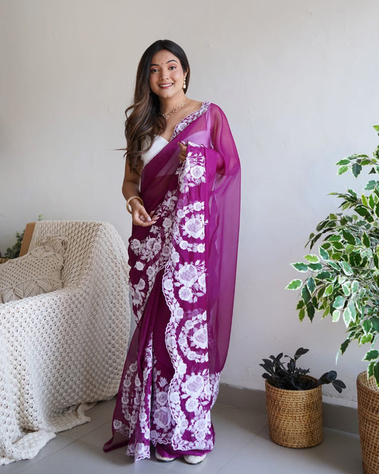 Purple Coloured Organza Silk with Embroidery & thread work Women Party wear Designer Organza Silk Saree with Blouse!!