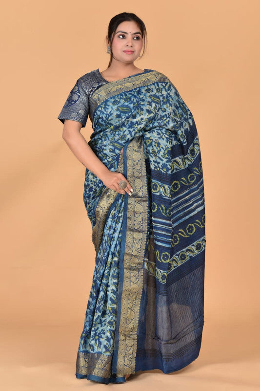 Blue & Multi Coloured Azarakh Hand Block Printed Silk border Women Designer Party wear Cotton Silk Saree with Zari Blouse!!