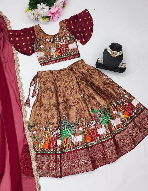 Brown & Multi Coloured Premium Soft Zari Silk with Designer Foil-Work & Zari Weaving Girls Lehenga Choli with Dupatta!!