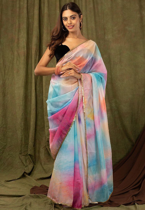 Light Blue & Multi Coloured Premium Khadi Organza with Digital print Women Party wear Oranza Silk Saree with Blouse!!