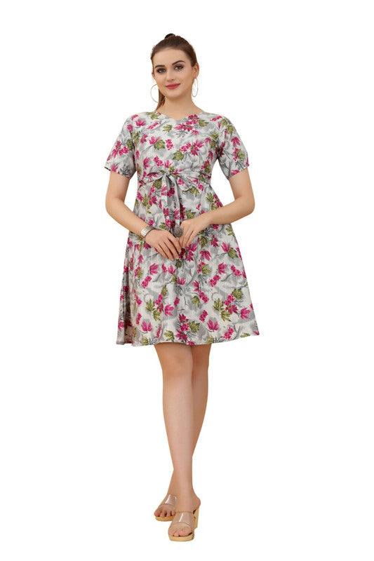 Pink & Multi Coloured Premium Crepe Printed Short Sleeves Round Neck Women Daily wear Western Dress!!