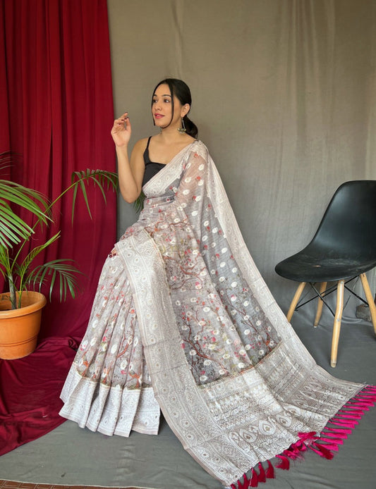 Off White Coloured Pure Cotton Linen Saree with Orignal Chikankari Lucknowi work with rich Embrodieeded pallu  with Blouse!!