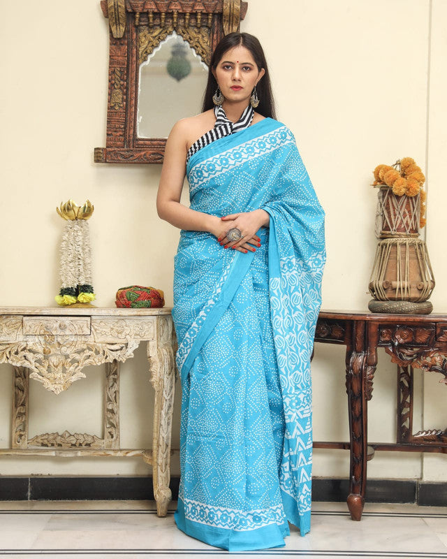 Sky Blue Coloured Exclusive Hand Printed Mul Cotton Saree with Blouse!!