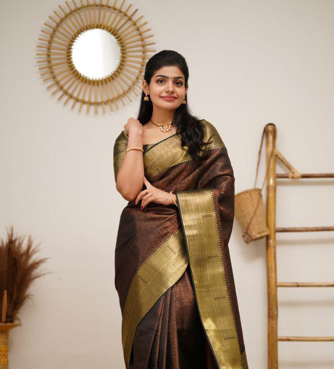 Black Coloured Exclusive Kubera Pattu Women Party wear Pure Kanjivaram Silk Saree with Brocade Blouse!!