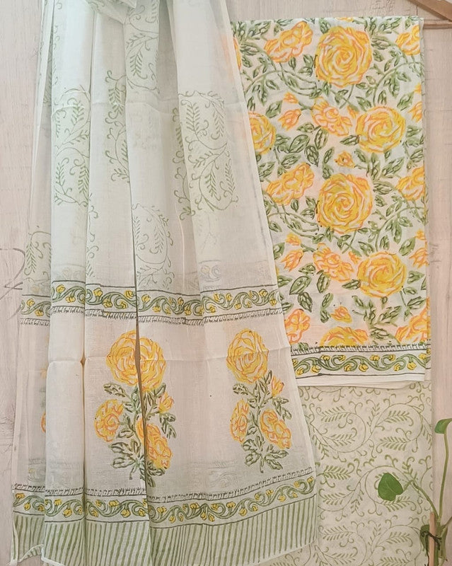 Light Green & Yellow Coloured Unstitched Pure Cotton Hand Block Printed Women Party/Daily wear Dress Material Suit- Top with Bottom & Cotton Dupatta!!