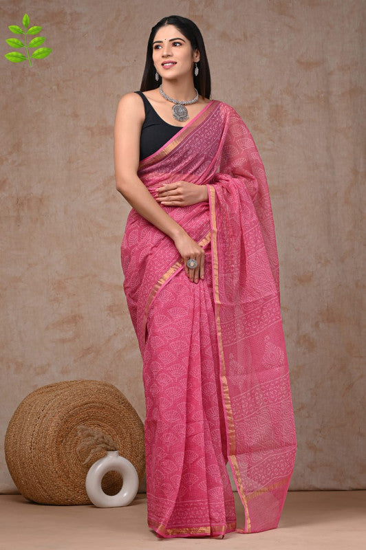 Pink & Multi Coloured Kota Doriya Cotton Beautiful Hand Block printed Women Daily/Party wear Saree with Blouse!!