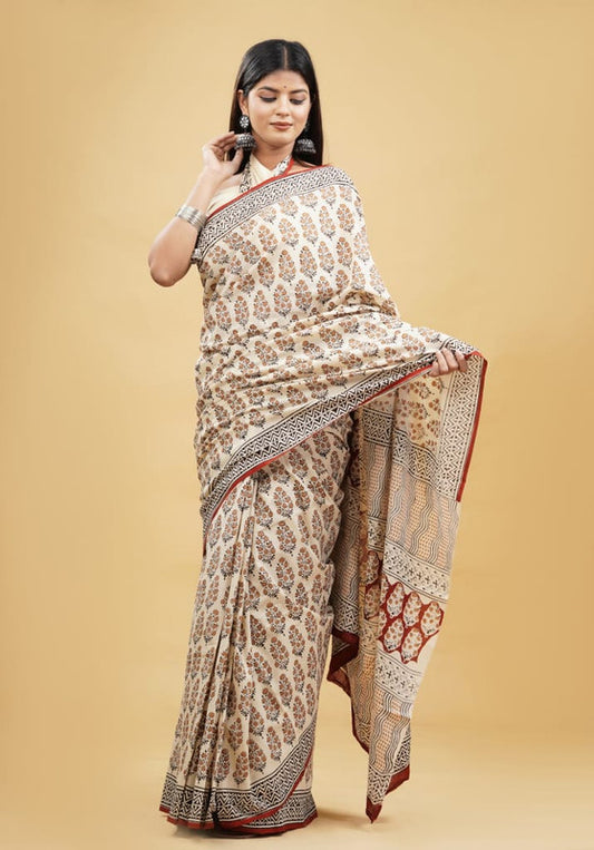 Beige & Maroon Coloured Beautiful Hand Block printed Women Daily/Party wear Pure Cotton Saree with Blouse!!