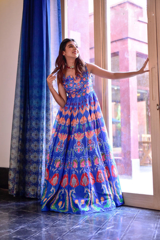 Blue & Orange Coloured Maslin Digital Printed Designer Party wear Stylish Flaired Gown Kurti!!