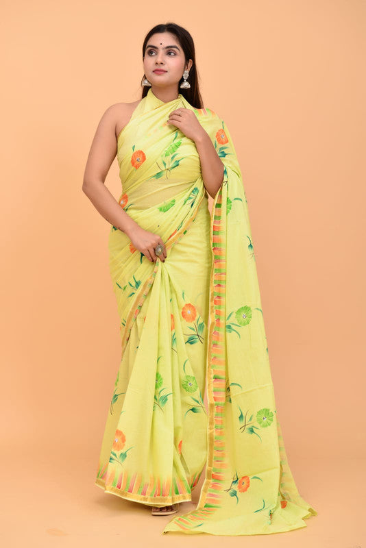 Parrot Green & Multi Coloured Pure Cotton with Beautiful Jari Border Printed Women Party/Daily wear Designer Cotton Saree with Blouse!!