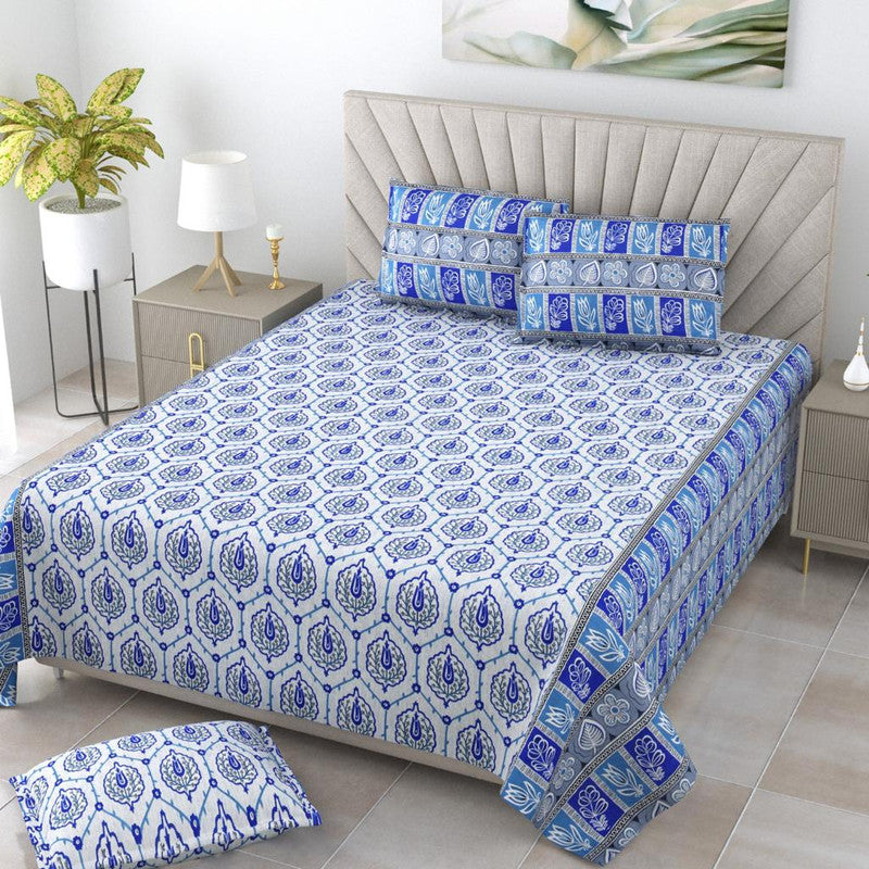 Blue Coloured Pure Cotton Exclusive Hand Print Queen size Double Bed sheet with Pillow covers!!