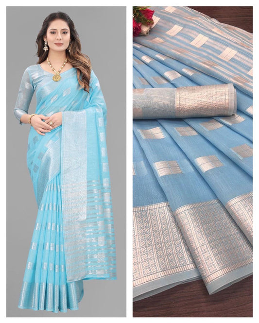 Soft Linen Silk Saree With Sliver Zari And  With Pallu