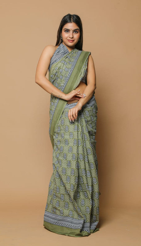 HAND PRINTED MUL COTTON SAREE