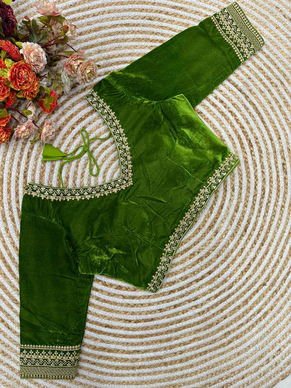 Parrot Green Coloured Premium Pure Velvet Heavy Embroidery & Handwork Woman Ready made Designer Bridal Blouse- Free Size Up to 38 Inch!!