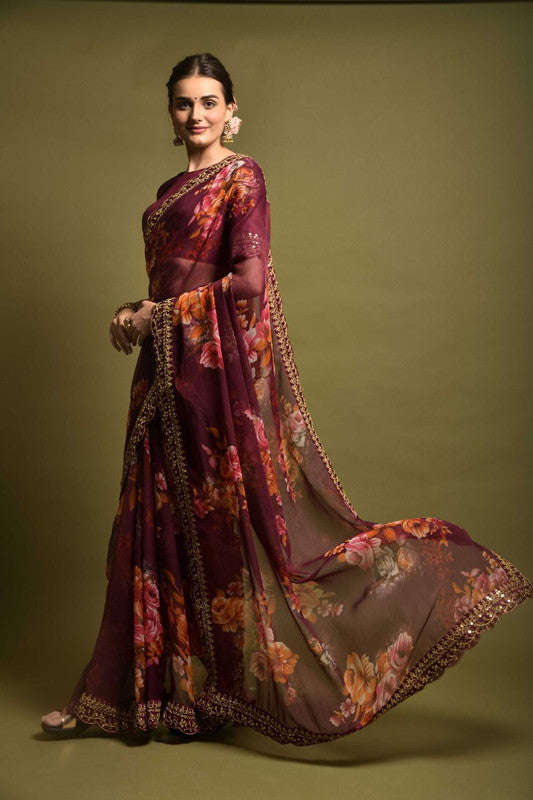 Maroon Coloured Soft Chiffon Beautiful floral Print Sequence Lace border & Embroidery Work Saree with Blouse!!