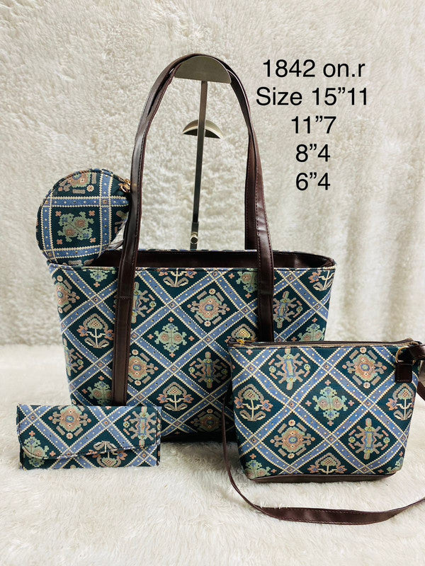 Grey & Multi Coloured Pure Cotton Printed Women Hand Bang- 4 PCS Combo( Tote Bag, Sling Bag, Envelop Purse & Key Pouch)!!