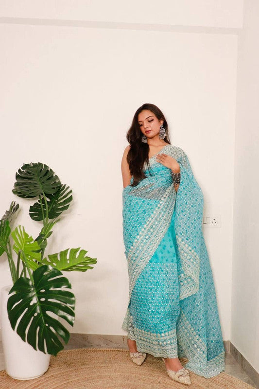 Rama Blue & White Coloured Digital Print Organza Silk with Chikankari Thread work Women Designer Party wear Fancy Organza Silk Saree with Blouse!!